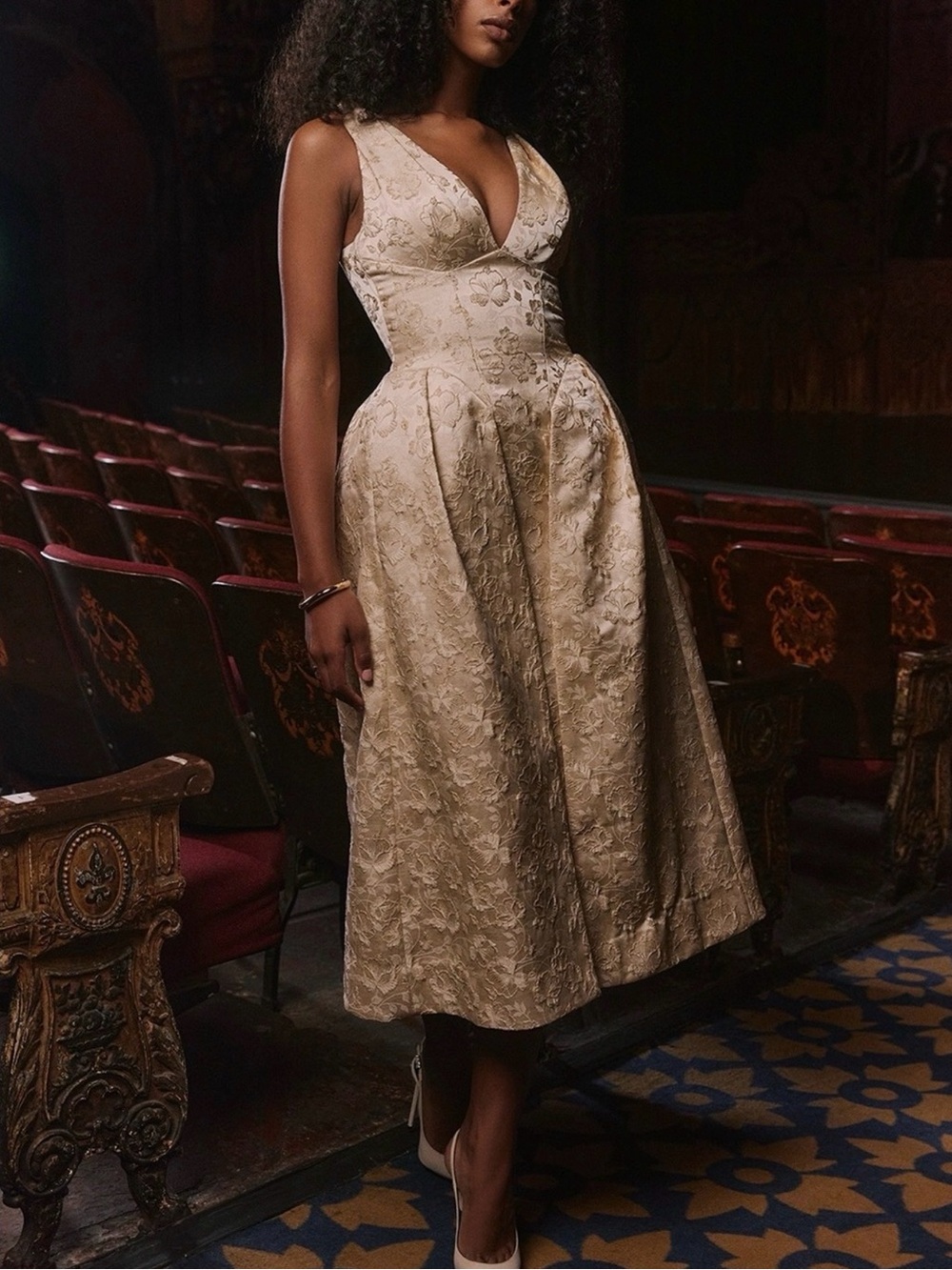 House of cb PALOMA Ivory Metallic Jacquard Midi Dress Cream Brocade Midi Dress